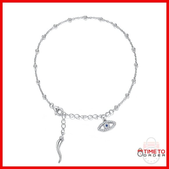 Sterling Silver Italian Horn Evil Eye Bracelet 7+2 Inch Extension Chain